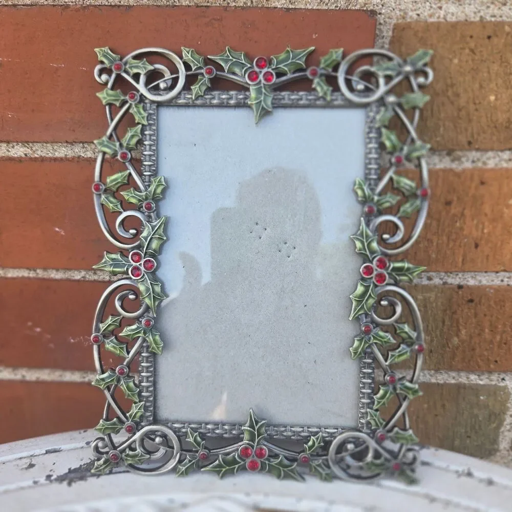 Ornate Metal Holly Berry 4x6 Picture Frame Christmas Red Rhinestone Decor